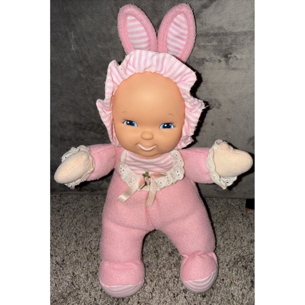 Goldberger Fuzzy Fleece Baby Plush Doll Pink Stripes Pj's Vinyl 11" Bunny‎ Ears